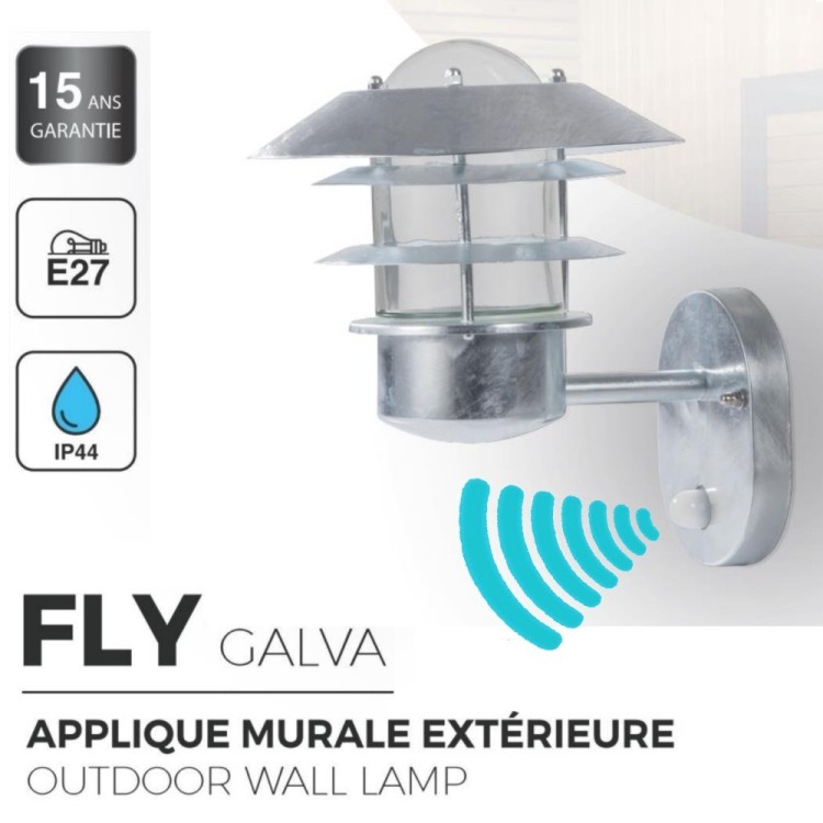 FLY Applique extérieure Montante + détecteur Acier Galva / Diffuseur Verre