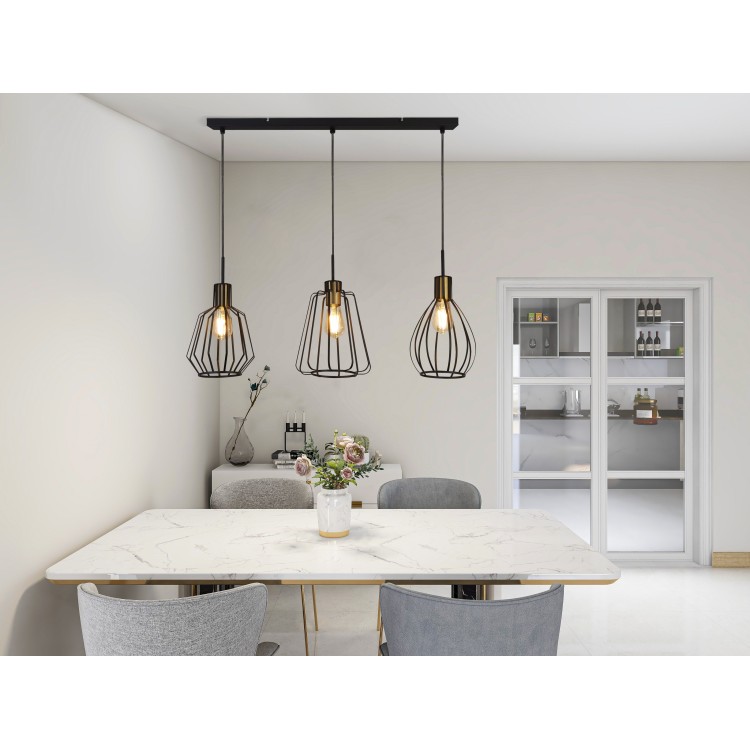 Plafonnier Suspension 3 Lumières SEYNAVE Atlas Noir et Bois Culot E27