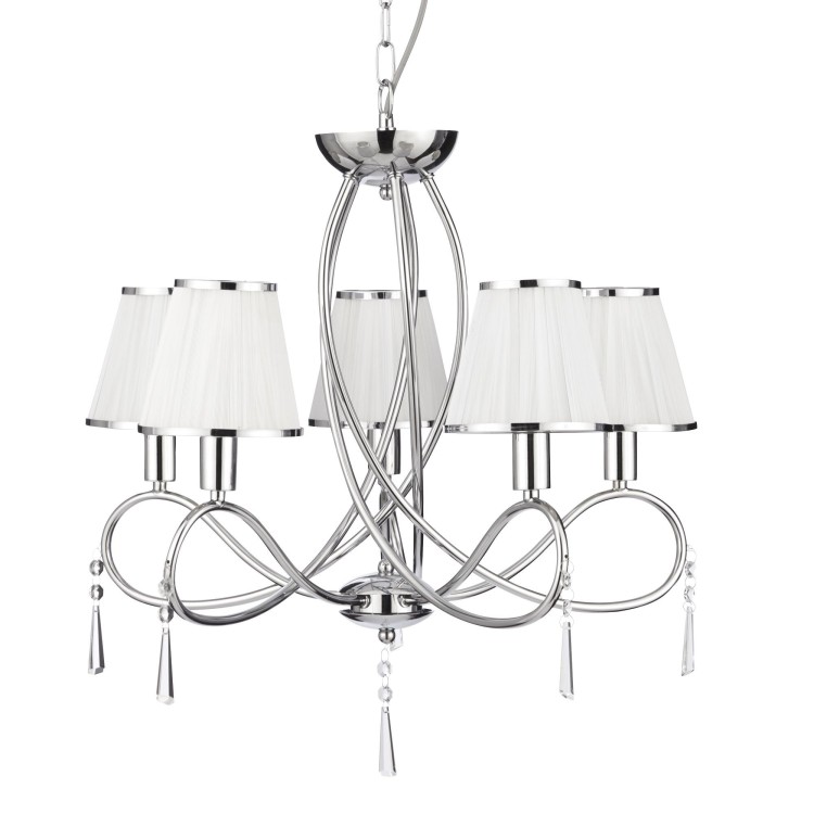 Lustre 5 branches metal chrome, verre transparent, Abatjour cordes Blanc, E14 max 5x60w Diam 55cm SIMPLICITY Lustre 5 branches metal chrome, verre transparent, Abatjour cordes Blanc, E14 max 5x60w Diam 55cm SIMPLICITY