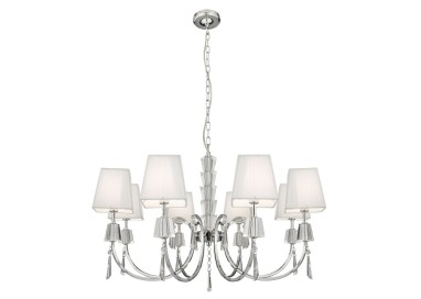 Lustre 8 branches metal chrome abatjour carré tissu, pampille acrylique G9 8x33w Diam 68cm PORTICO
