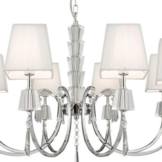 Lustre 8 branches metal chrome abatjour carré tissu, pampille acrylique G9 8x33w Diam 68cm PORTICO