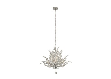 Suspension Metal chrome avec Pampilles, feuilles, gouttes Cristal E14 max 7x60w Diam 68cm BOUQUET 7LT