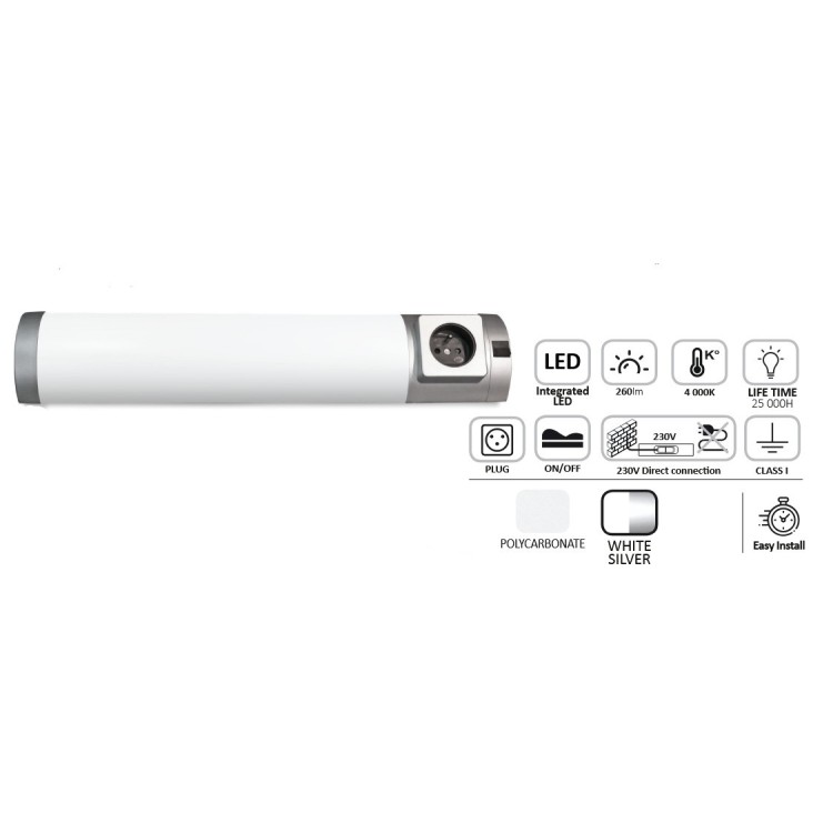 Réglette LED cuisine 260 lm 4000K avec prise intégrée – 449 mm – 5W – interrupteur ON/OFF – garantie 2 ans Réglette LED cuisine 260 lm 4000K avec prise intégrée – 449 mm – 5W – interrupteur ON/OFF – garantie 2 ans