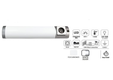 Réglette LED cuisine 260 lm 4000K avec prise intégrée – 449 mm – 5W – interrupteur ON/OFF – garantie 2 ans