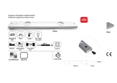 Réglette LED sous meuble cuisine 2 spots – 580 lumens – 4000K – interconnectable – interrupteurs ON/OFF