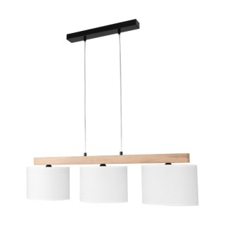 Lora Lampe Suspendue 3xE27 max. 40W, Métal Noir/Bois de Chêne Huilé FSC/Abat-jour en Tissu Blanc/Câble Transparent