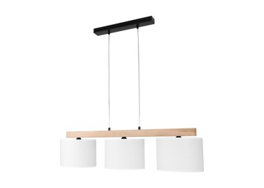 Lora Lampe Suspendue 3xE27 max. 40W, Métal Noir/Bois de Chêne Huilé FSC/Abat-jour en Tissu Blanc/Câble Transparent