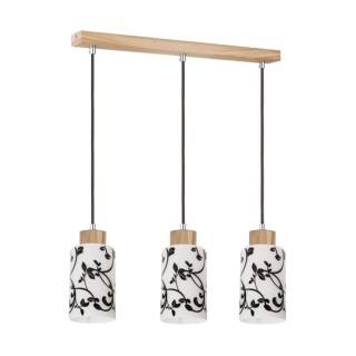 Ravio Lampe Suspendue 3xE27 Max.60W Bois de Bouleau/Métal Noir/Verre Blanc-Noir/Câble PVC Noir