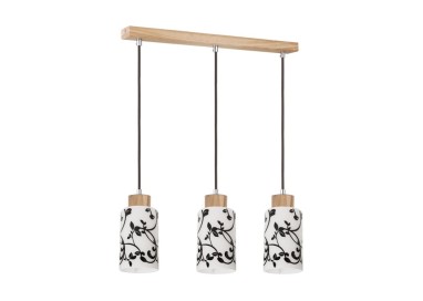 Ravio Lampe Suspendue 3xE27 Max.60W Bois de Bouleau/Métal Noir/Verre Blanc-Noir/Câble PVC Noir