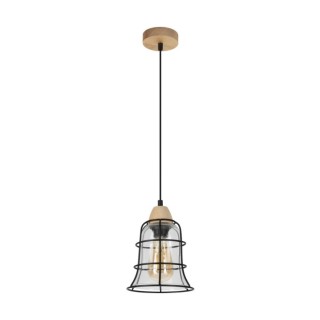 Chicka Lampe Suspendue 1xE27 max. 60W Bois de Bouleau/Métal Noir/Verre Transparent