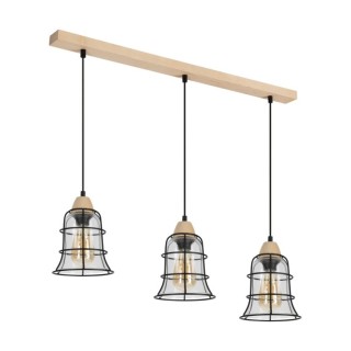 Chicka Lampe Suspendue 3xE27 max. 60W Bois de Bouleau/Métal Noir/Verre Transparent