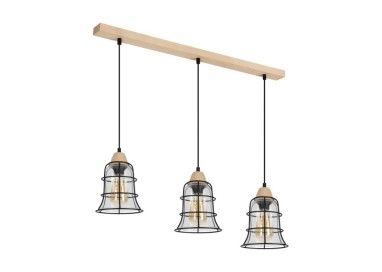 Chicka Lampe Suspendue 3xE27 max. 60W Bois de Bouleau/Métal Noir/Verre Transparent