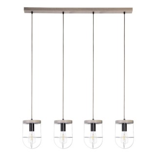 Netuno Lampe Suspendue 4xE27 Max.60W Bois de Pin Teinté Gris/Câble Tressé Noir/Métal Argenté