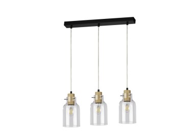 Alessandro Lampe Suspendue 3xE27 Max.60W Métal Noir/Câble PVC Transparent/Chêne Huilé/Verre Transparent