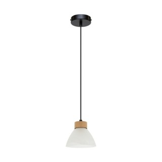 Prahas Lampe Suspendue 1xE14 Max.40W Métal Noir/Câble PVC Noir/Chêne Huilé/Verre Blanc