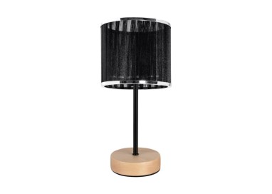 Mila Lampe de Table 1xE27 Max.25W Bois de Bouleau/Métal Noir/Câble PVC Noir/Abat-jour Tissu Noir-Métal Chromé