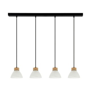 Prahas Lampe Suspendue 4xE14 Max.40W Métal Noir/Câble PVC Noir/Chêne Huilé/Verre Blanc