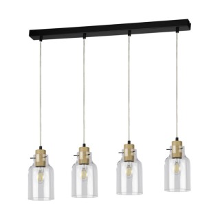 Alessandro Lampe Suspendue 4xE27 Max.60W Métal Noir/Câble PVC Transparent/Chêne Huilé/Verre Transparent