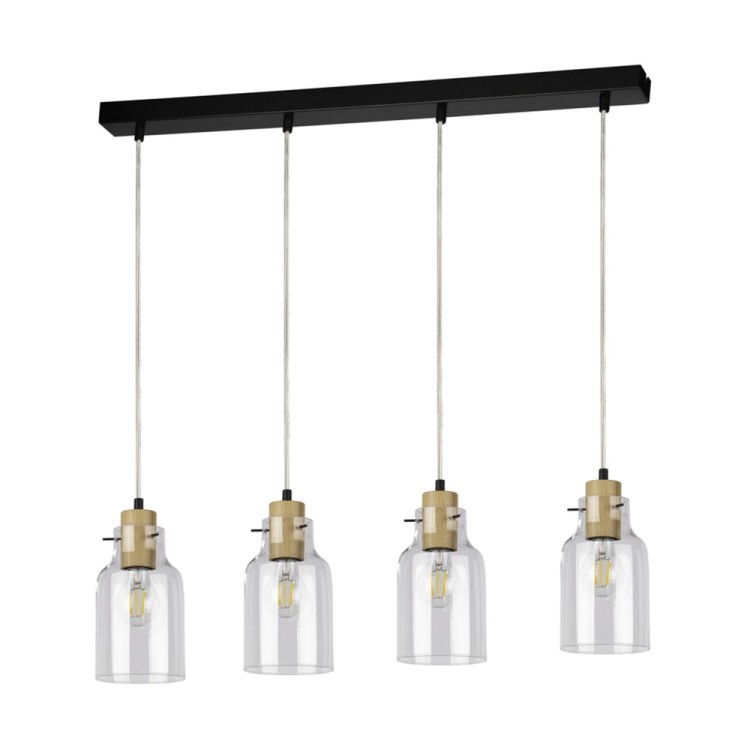 Alessandro Lampe Suspendue 4xE27 Max.60W Métal Noir/Câble PVC Transparent/Chêne Huilé/Verre Transparent Alessandro Lampe Suspendue 4xE27 Max.60W Métal Noir/Câble PVC Transparent/Chêne Huilé/Verre Transparent