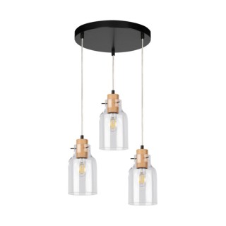 Alessandro Lampe Suspendue 3xE27 Max.60W Métal Noir/Câble PVC Transparent/Chêne Huilé/Verre Transparent