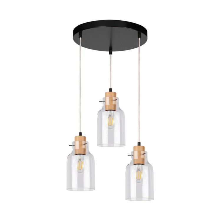Alessandro Lampe Suspendue 3xE27 Max.60W Métal Noir/Câble PVC Transparent/Chêne Huilé/Verre Transparent Alessandro Lampe Suspendue 3xE27 Max.60W Métal Noir/Câble PVC Transparent/Chêne Huilé/Verre Transparent