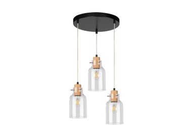 Alessandro Lampe Suspendue 3xE27 Max.60W Métal Noir/Câble PVC Transparent/Chêne Huilé/Verre Transparent