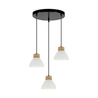 Prahas Suspension Ronde 3xE14 Max.40W Métal Noir/Câble PVC Noir/Chêne Huilé/Verre Blanc