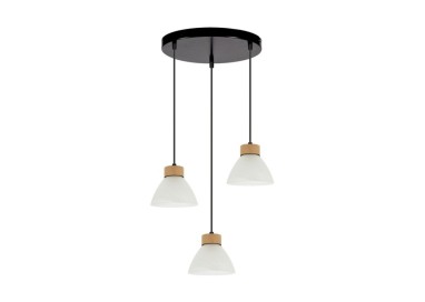 Prahas Suspension Ronde 3xE14 Max.40W Métal Noir/Câble PVC Noir/Chêne Huilé/Verre Blanc
