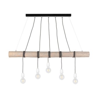 Trabo Porcia Suspension 5xE27 Max.60W Métal Noir/Bois de Pin Teinté Gris/Câble Tressé Anthracite/Porcelaine Blanche
