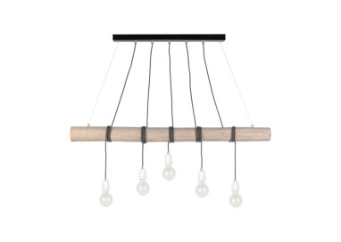 Trabo Porcia Suspension 5xE27 Max.60W Métal Noir/Bois de Pin Teinté Gris/Câble Tressé Anthracite/Porcelaine Blanche