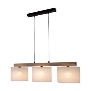 Lora Lampe Suspendue 3xE27 max. 40W, Métal Noir/Bois de Chêne Huilé FSC/Abat-jour en Tissu Blanc/Câble Transparent