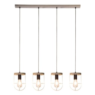 Netuno Lampe Suspendue 4xE27 Max.60W Bois de Pin Teinté Gris/Câble Tressé Noir/Métal Argenté