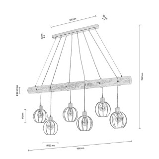 Karou Lampe Suspendue 6xE27 Max.25W Pin Teinté Gris/Câble PVC Noir/Métal Noir