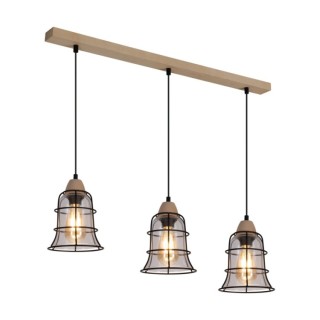 Chicka Lampe Suspendue 3xE27 max. 60W Bois de Bouleau/Métal Noir/Verre Transparent
