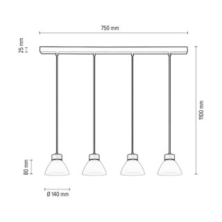 Prahas Lampe Suspendue 4xE14 Max.40W Métal Noir/Câble PVC Noir/Chêne Huilé/Verre Blanc