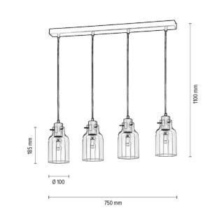 Alessandro Lampe Suspendue 4xE27 Max.60W Métal Noir/Câble PVC Transparent/Chêne Huilé/Verre Transparent