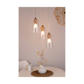 Alessandro Lampe Suspendue 3xE27 Max.60W Métal Noir/Câble PVC Transparent/Chêne Huilé/Verre Transparent