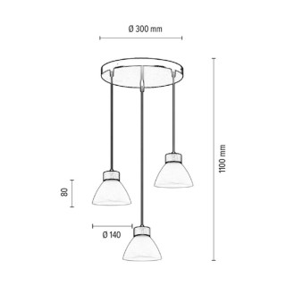 Prahas Suspension Ronde 3xE14 Max.40W Métal Noir/Câble PVC Noir/Chêne Huilé/Verre Blanc