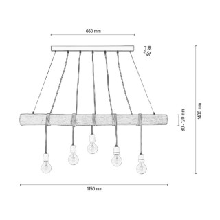 Trabo Porcia Suspension 5xE27 Max.60W Métal Noir/Bois de Pin Teinté Gris/Câble Tressé Anthracite/Porcelaine Blanche