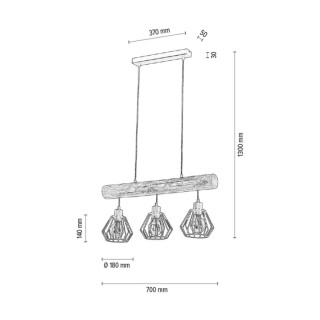 Trabo Komforta Suspension 3xE27 Max.60W Métal Noir/Câble PVC Noir/Bois de Pin Teinté Gris/Panier Noir