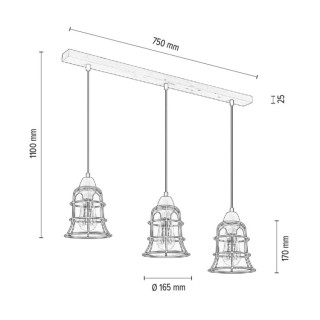 Chicka Lampe Suspendue 3xE27 max. 60W Bois de Bouleau/Métal Noir/Verre Transparent