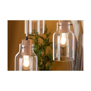 Alessandro Lampe Suspendue 3xE27 Max.60W Métal Noir/Câble PVC Transparent/Chêne Huilé/Verre Transparent