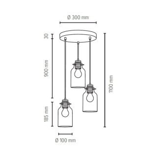 Alessandro Lampe Suspendue 3xE27 Max.60W Métal Noir/Câble PVC Transparent/Chêne Huilé/Verre Transparent