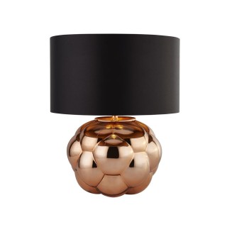 Lampe à poser pied style Bubble verre cuivre, abatjour tambour Noir imitation soie, interieur cuivre E27 60w Haut 44cm Diam 35cm