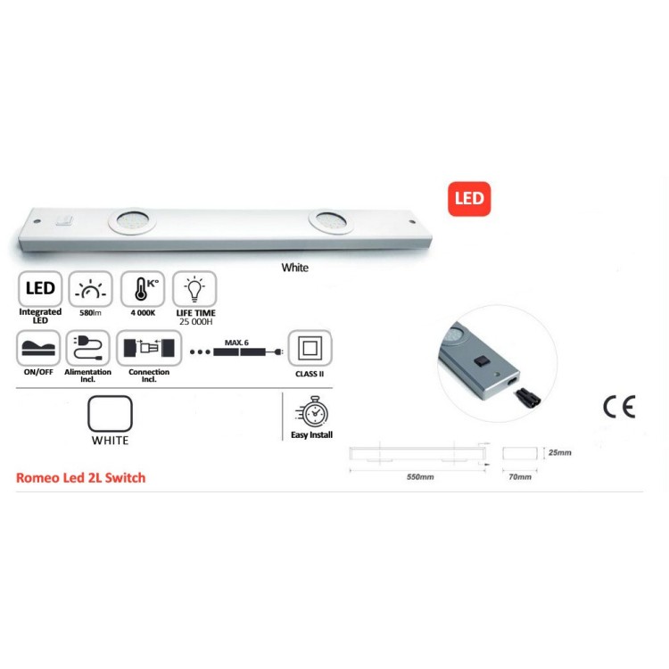 LED kitchen strip light with 2 spots, 580 lm - 4000K - can be interconnected up to 6 times - independent switches - 25,000 h