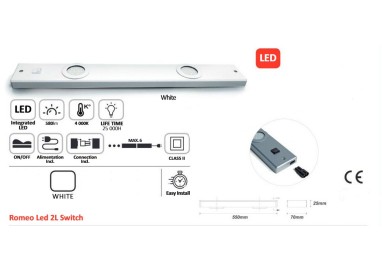 Réglette LED sous meuble cuisine 2 spots – 580 lumens – 4000K – interconnectable – interrupteurs ON/OFF