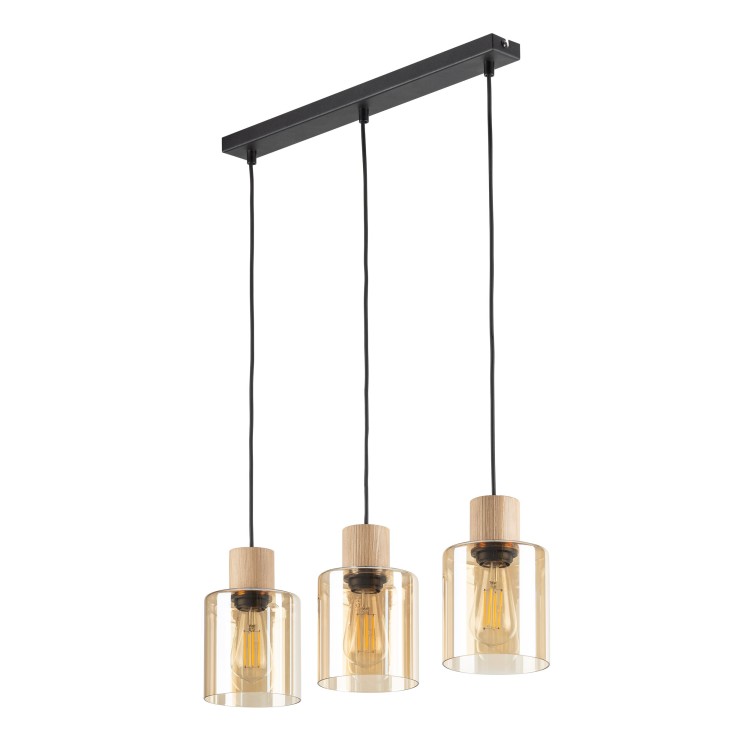 Suspension Orson 3 lumières – pin & noir – en métal et bois – style moderne
