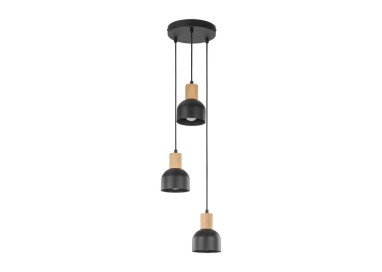 Suspension Cairo 3 lumières – pin & noir – en métal et bois – style moderne