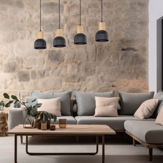 Suspension Cairo 4 lumières – pin & noir – en métal et bois – style moderne