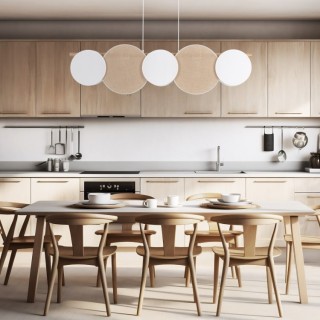 Suspension Pulse 5 lumières – blanc & pin – en métal et bois – style moderne